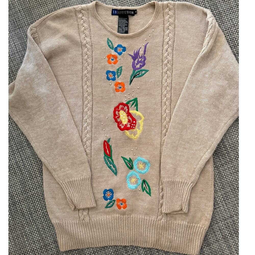 IB DIFFUSION Ramie/Cotton Embroidered Floral Crewneck Long Slv Sweater Beige M